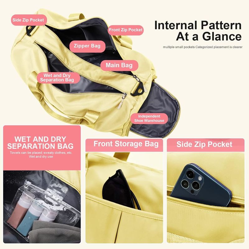 Γιόγκα γυμναστήριο Αθλητισμός εξωτερικό Σαββατοκύριακο διανυκτερεύοντας ταξιδιωτική τσάντα Ελαφρύ κίτρινο χρώμα Μεγάλο μέγεθος