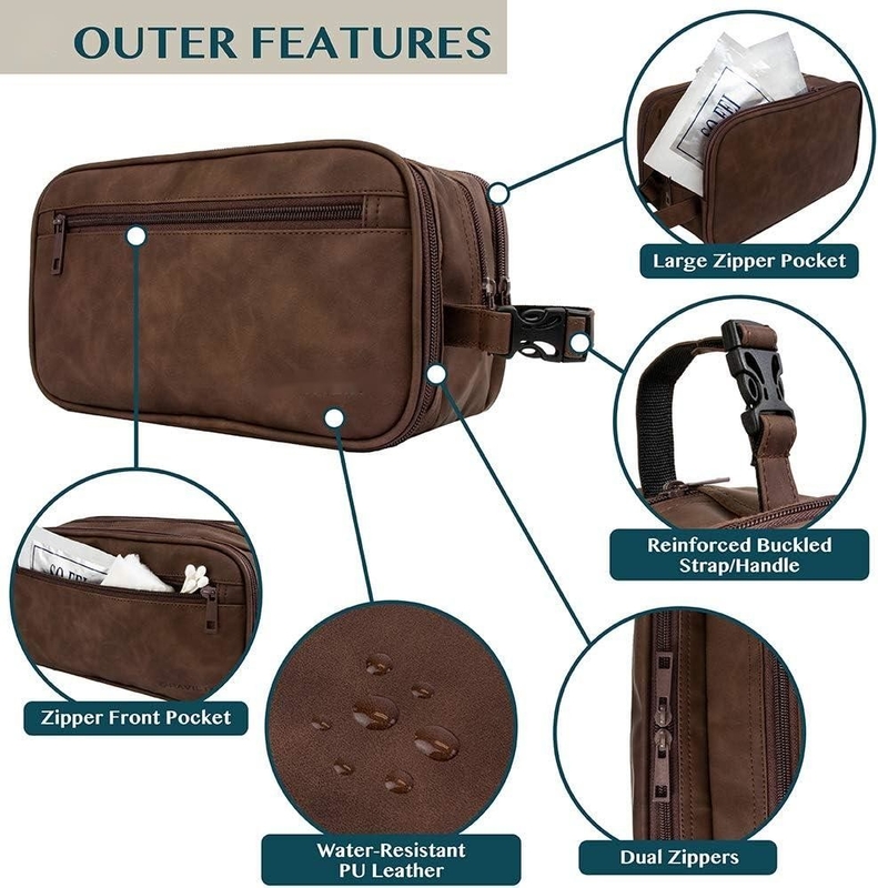 Σκοτεινό καφέ ανθεκτικό στο νερό Dopp Kit PU δερμάτινη τσάντα ξύρισμα Πορτοφόλι οργανωτής ταξιδιού για αξεσουάρ Καλλυντική υγιεινή