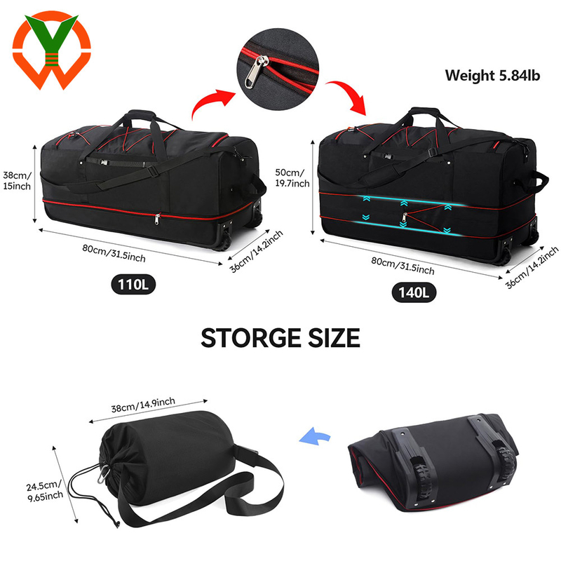 120L/140L διπλή ελαστική τροχιά αναδιπλούμενη ταξιδιωτική τσάντα και πολλαπλές τσέπες και διαμερίσματα